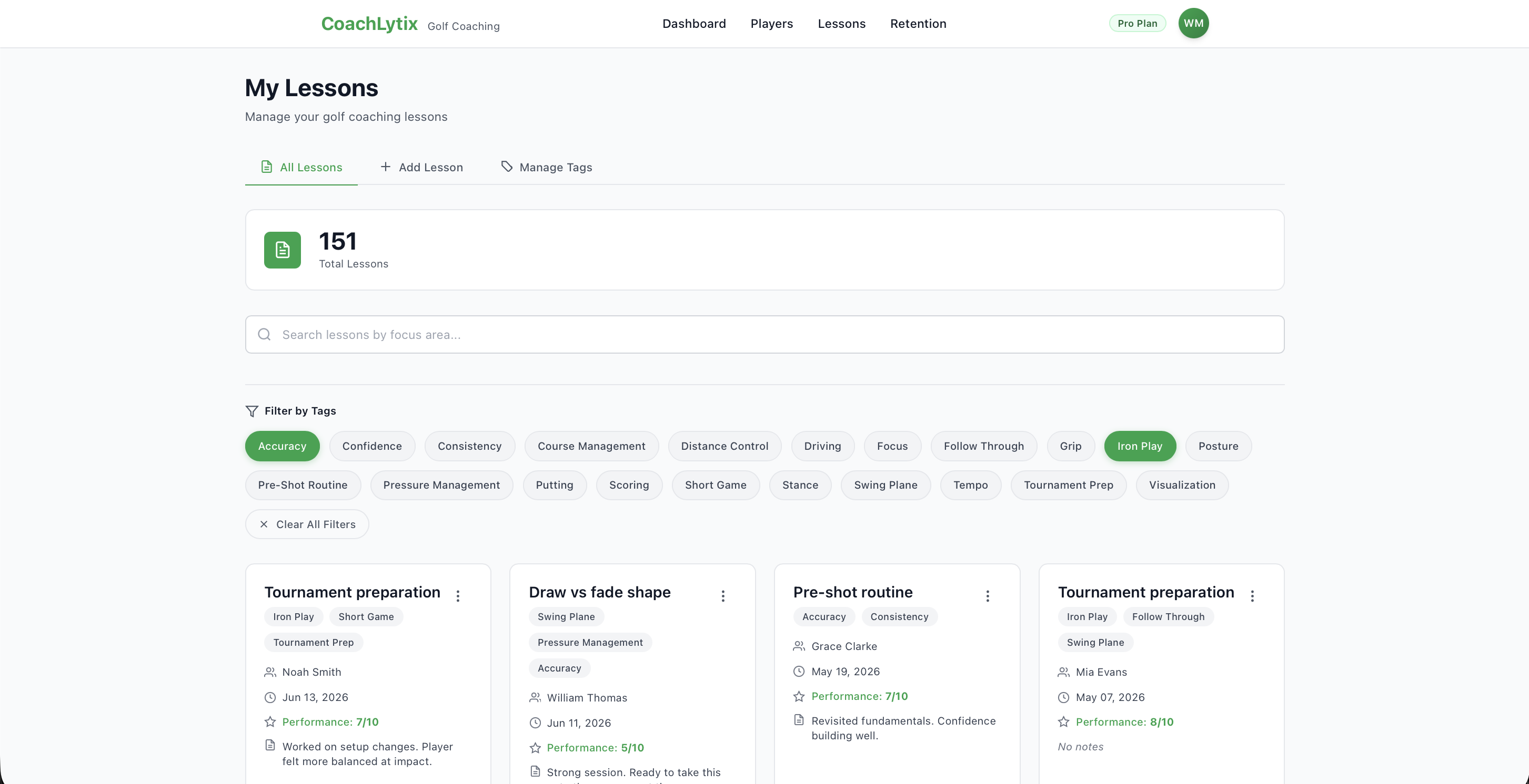 Lessons tab with filtering in CoachLytix